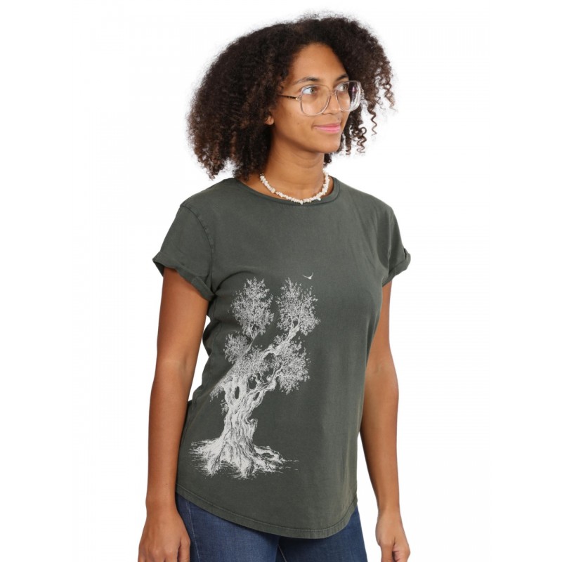 Life-Tree Olive Tree O F Shirt Women Washed Green